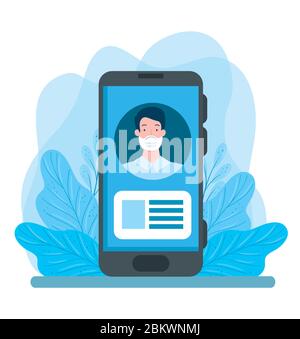 man using face mask in smartphone Stock Vector