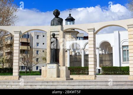 Genoese Lighthouse & Mihai Eminescu Statue, Constanta, Dobruja Region, Romania Stock Photo