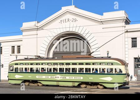 A heritage streetcar on the Embarcadero in San Francisco Stock Photo
