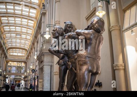 Mädlerpassage with group of figures at the entrance of the restaurant 'Auerbachs Keller' Stock Photo