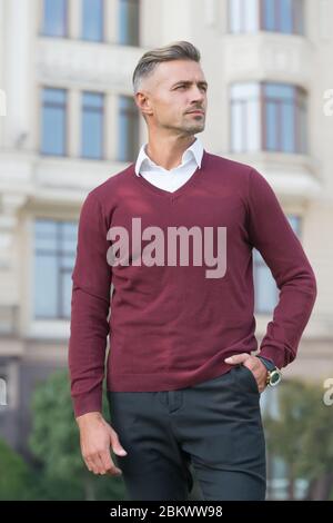 Confident manager. Handsome man. Suitable in current circumstances. Masculinity concept. Daily outfit. Man model clothes shop. Menswear and fashionable clothing. Man looks handsome in casual style. Stock Photo