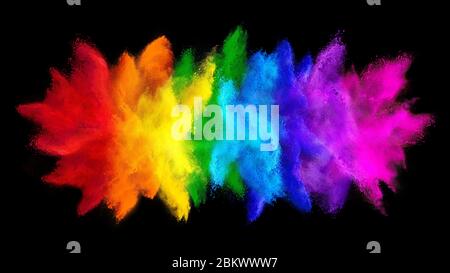 colorful rainbow holi paint color big  double powder explosion isolated on dark black wide panorama background. peace rgb beautiful party concept Stock Photo