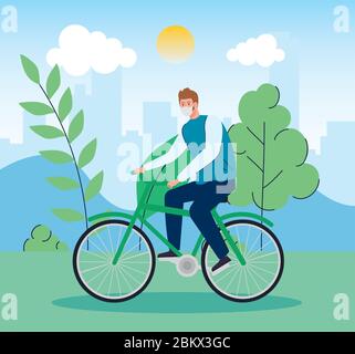 landscape with man using face mask in bike Stock Vector
