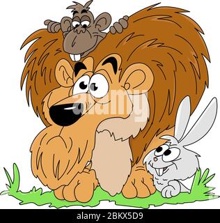 Cartoon lion, monkey and rabbit watching around in the forest vector illustration Stock Vector