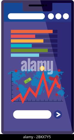 earth planet of covid19 in smartphone with statistics arrow and money Stock Vector