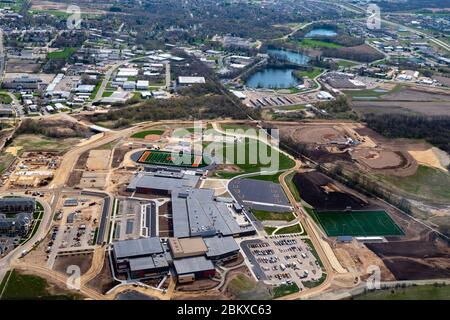 Aerial photograph of the new Verona Area High School, under construction, Wisconsin, USA on a nice spring day. Stock Photo