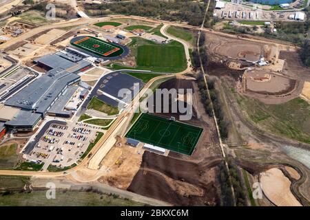 Aerial photograph of the new Verona Area High School, under construction, Wisconsin, USA on a nice spring day. Stock Photo