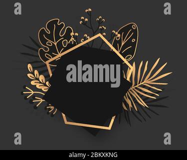 Abstract gold floral frame with exotic tropical leaves, branches, berries. Luxury decorative polyhedron black banner closeup. Modern polygonal geometric template for text. Isolated vector illustration Stock Vector