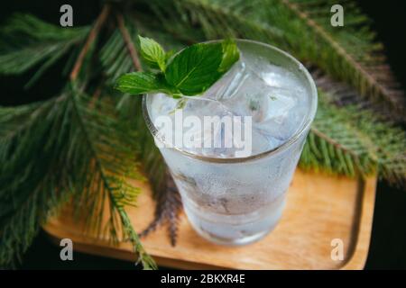 Top view of Mojito on a glass with mint leaves on top on a wooden tray. Stock Photo