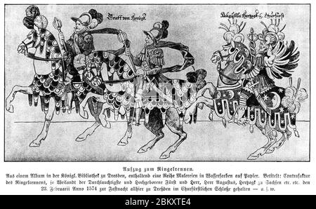 Illustrierte Geschichte d. sächs. Lande Bd. II Abt. 1 - 155 - Aufzug zum Ringelrennen. Stock Photo