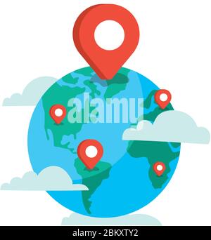 world planet earth with clouds and pins locations Stock Vector