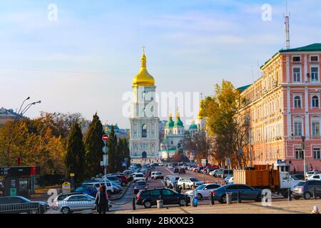 Street scene in Kiev, Ukraine, with Saint Sophia Cathedral complex, a UNESCO world heritage site of the Ukrainian capital. Stock Photo