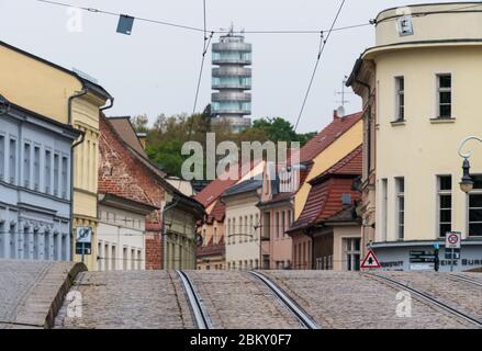 Brandenburg A.D.Havel, Germany. 30th Apr, 2020. Tram tracks lead over the Millennium Bridge to Ritterstraße. In the background is the tower of the Friedenswarte on the Marienberg. Credit: Soeren Stache/dpa-Zentralbild/ZB/dpa/Alamy Live News Stock Photo