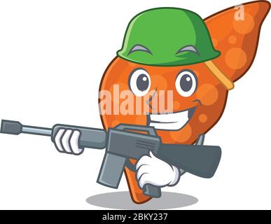 A cartoon picture of human hepatic liver in Army style with machine gun Stock Vector
