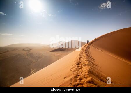 Dune 45 in the Namib Desert. Morning sun. Sossusvlei, Namibia. Africa.  Orange sand dunes. Blue sky. Views off to further dunes. Stock Photo