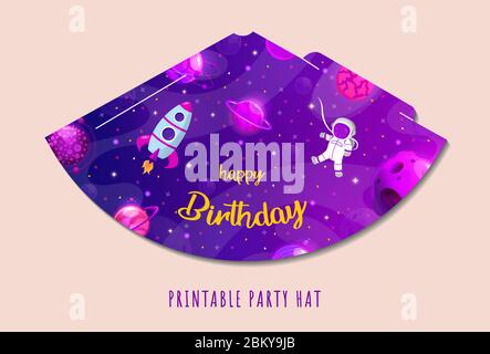 Party hats printable. Space party. Print and cut. Happy birthday elements. Vector set of cones template to head for holiday. Stock Vector