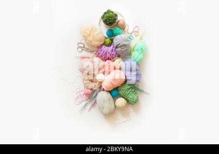 Colored balls of yarn. View from above. Rainbow colors. All colors. Yarn for knitting. Skeins of yarn. Stock Photo