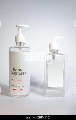 Alcohol Hand Sanitiser, Liquid Hand Wash Bottle Isolated on White Background, Coronavirus, Transparent Spray Bottle, Dispense Write own text custom Stock Photo