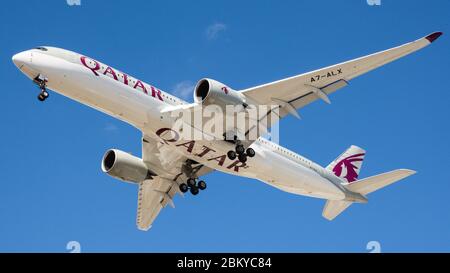 Qatar Airways Airbus A350 A7-ALX on approach to Perth Airport Western Australia Stock Photo