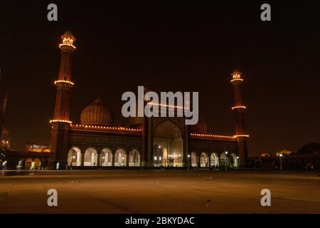 Empty Jama Masjid  in New Delhi, India on the auspicious day of Eid. Ramadan 2020 / No People / Jama Masjid At Night before Sehri / Ramzan Stock Photo