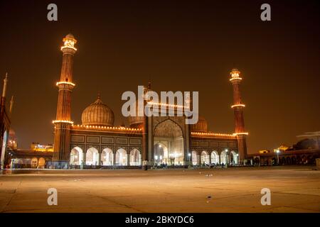 Empty Jama Masjid  in New Delhi, India on the auspicious day of Eid. Ramadan 2020 / No People / Jama Masjid At Night before Sehri / Ramzan Stock Photo