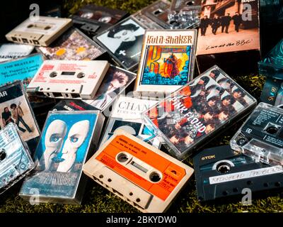 Selection of Popular Music on Audio Cassette Tape from the 1970s, 1980s and 1990s Stock Photo