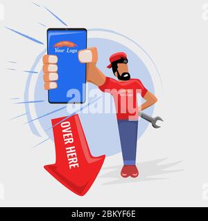 Handyman Cartoon repair master man character holding smartphone device with copy space. Flat vector illustration. Stock Vector