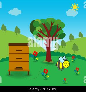 Wooden bee hive in nature outdoors, conceptual vector Stock Vector