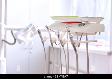 Treatment tools, equipment close-up on a dental chair Stock Photo