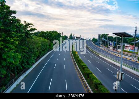 Empty or deserted Letjen S. Parman street in West Jakarta. People have been working from home to avoid covid-19. Stock Photo