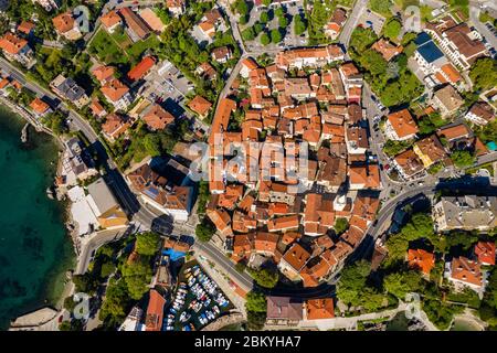 Croatia, Adriatic coastline in Kvaarner bay, beautiful old town of Lovran, historic center and coastline aerial view Stock Photo