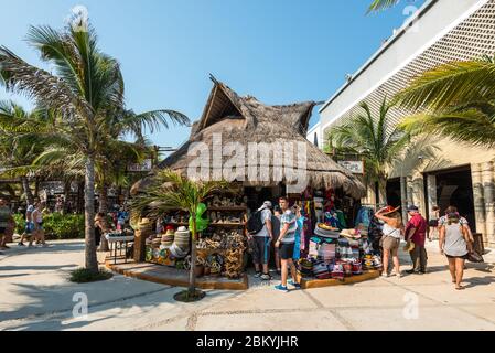 Costa Maya, Mexico - April 26, 2019: Street view at day with tourists near souvenir shops in Costa Maya, Mexico. Today the town is one of Mexican most Stock Photo