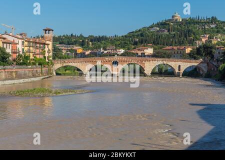 Roman Ponte Pietra bridge, Adidge river, Verona, Veneto, Italy Stock Photo