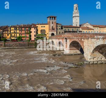 Roman Ponte Pietra bridge, Adidge river, Verona, Veneto, Italy Stock Photo