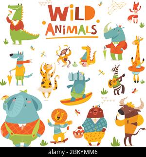 Vector cartoon Wild animals funny characters in flat style Stock Vector