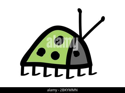 little bug baby light green with three black dots, gray muzzle and antennae on a white background. flat style. imitation of children's drawing Stock Vector