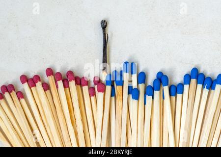 One burnt match among many new whole close-up background. Social distance concept for epidemic safety. Keep the distance to avoid contagion. Stock Photo