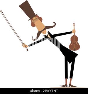 Cartoon long mustache violinist illustration. Smiling mustache man in the top hat is playing music on the violin with inspiration isolated on white Stock Vector