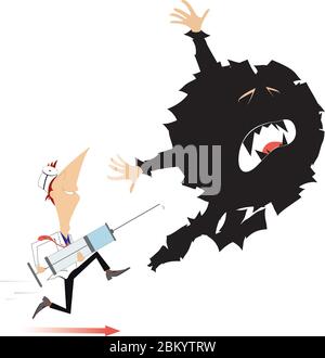 Cartoon doctor with a big syringe and running away virus illustration. Smiling doctor with a big syringe runs to inject frightened virus isolated on w Stock Vector