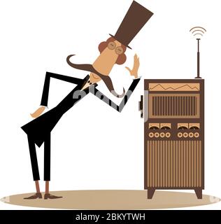 Funny long mustache man in the top hat is listening to music or programs by vintage radio isolated on white Stock Vector