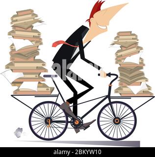 Young man carries papers or books by bike illustration. Smiling businessman with piles of documents or books rides on the bike isolated on white Stock Vector