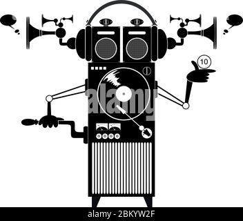 Cartoon funny jukebox illustration. Funny old style jukebox with headphones black on white Stock Vector