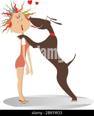 Confused young woman and a dog illustration. Funny dog licks his confused master woman isolated on white Stock Vector