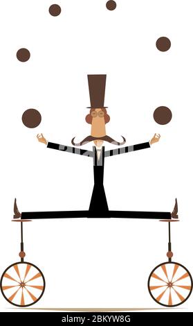 Funny long mustache man in the top hat balances on two unicycles and juggles the balls isolated on white illustration Stock Vector