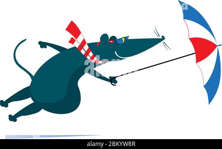 Windy day and rat or mouse with umbrella illustration. Cartoon rat or mouse with an umbrella gone with the strong wind isolated on white Stock Vector