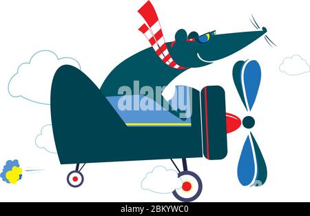 Rat or mouse a pilot on the airplane illustration. Cartoon rat or mouse flies on the airplane isolated on white illustration Stock Vector