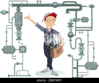 Cartoon cheerful mechanic or plumber with a big bag full of instruments on the shoulder repairs a pipe construction isolated on white Stock Vector