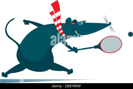 Funny rat or mouse plays tennis illustration. Cartoon rat or mouse plays tennis black on white Stock Vector