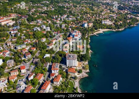Croatia, Adriatic coastline in Kvaarner bay, beautiful old town of Lovran, historic center and coastline aerial view Stock Photo