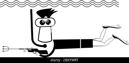 Spear fishing diver holds an underwater gun illustration. Funny man in diving mask dives with spear black on white Stock Vector